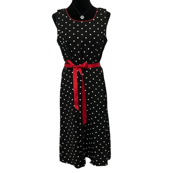 STUDIO I Vintage Black/White Polka Dot Tie Waist Fit & Flare Dress - Picture 1 of 10